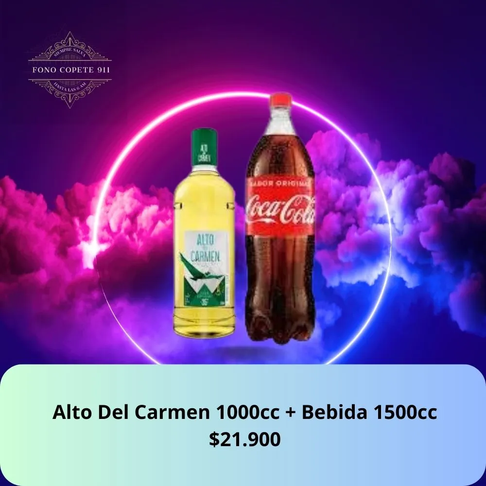 Botella de pisco Alto del Carmen 1000cc y Coca-Cola 1.5L promo delivery en Santiago.