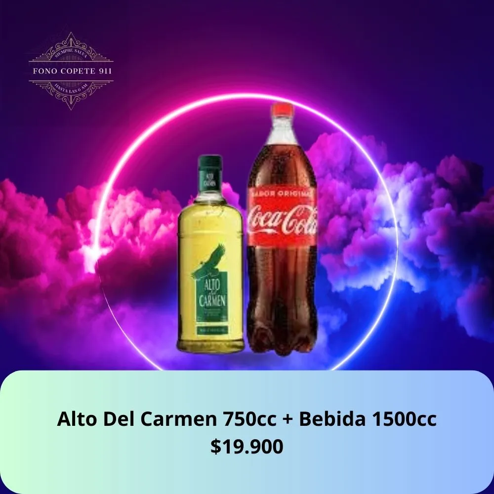 Botella de pisco Alto del Carmen 750cc y Coca-Cola 1.5L promo delivery en Santiago.