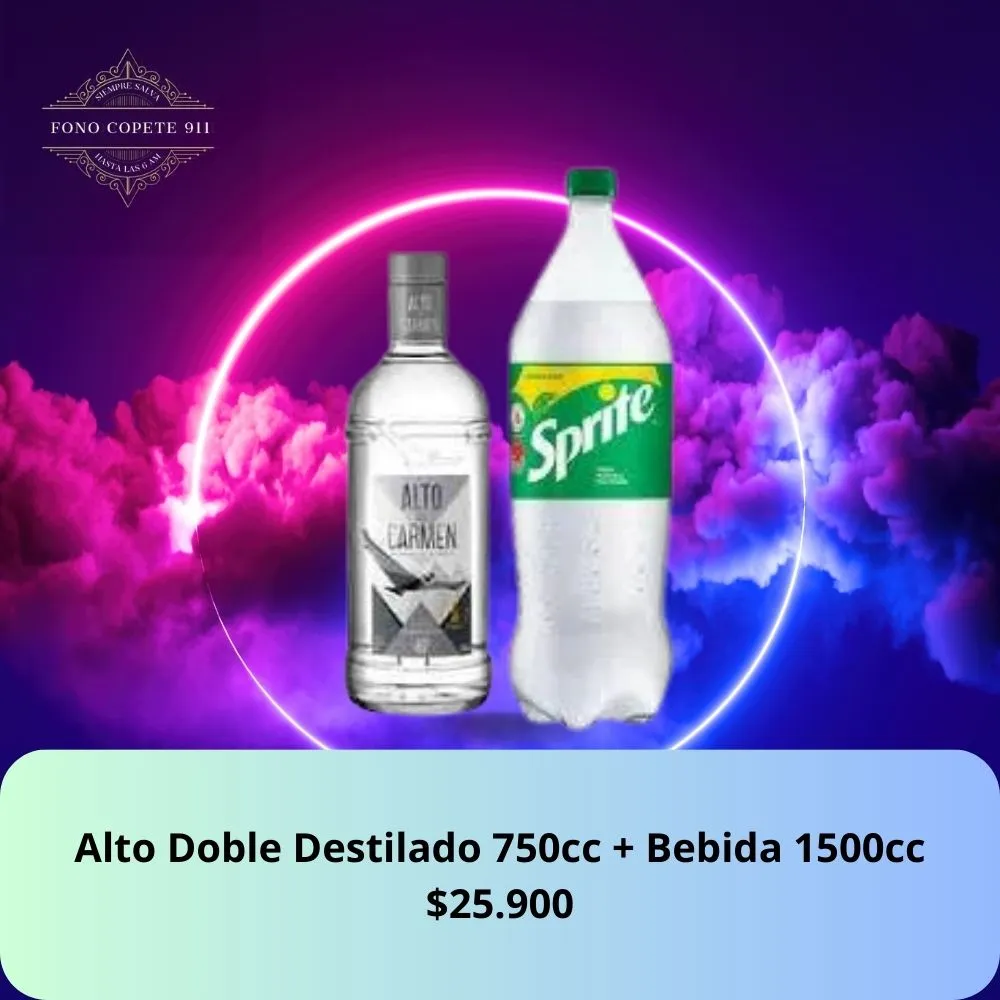 Botella de pisco Alto del Carmen Doble Destilado 750cc y bebida Sprite 1.5L promo delivery en Santiago.