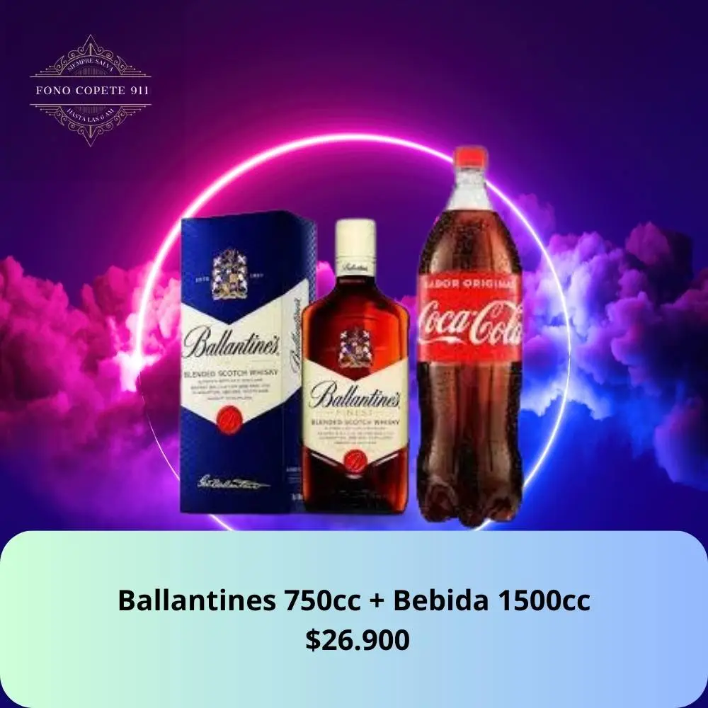 Botella de whisky Ballantine's 750cc y bebida Coca-Cola 1.5L promo delivery en Santiago.