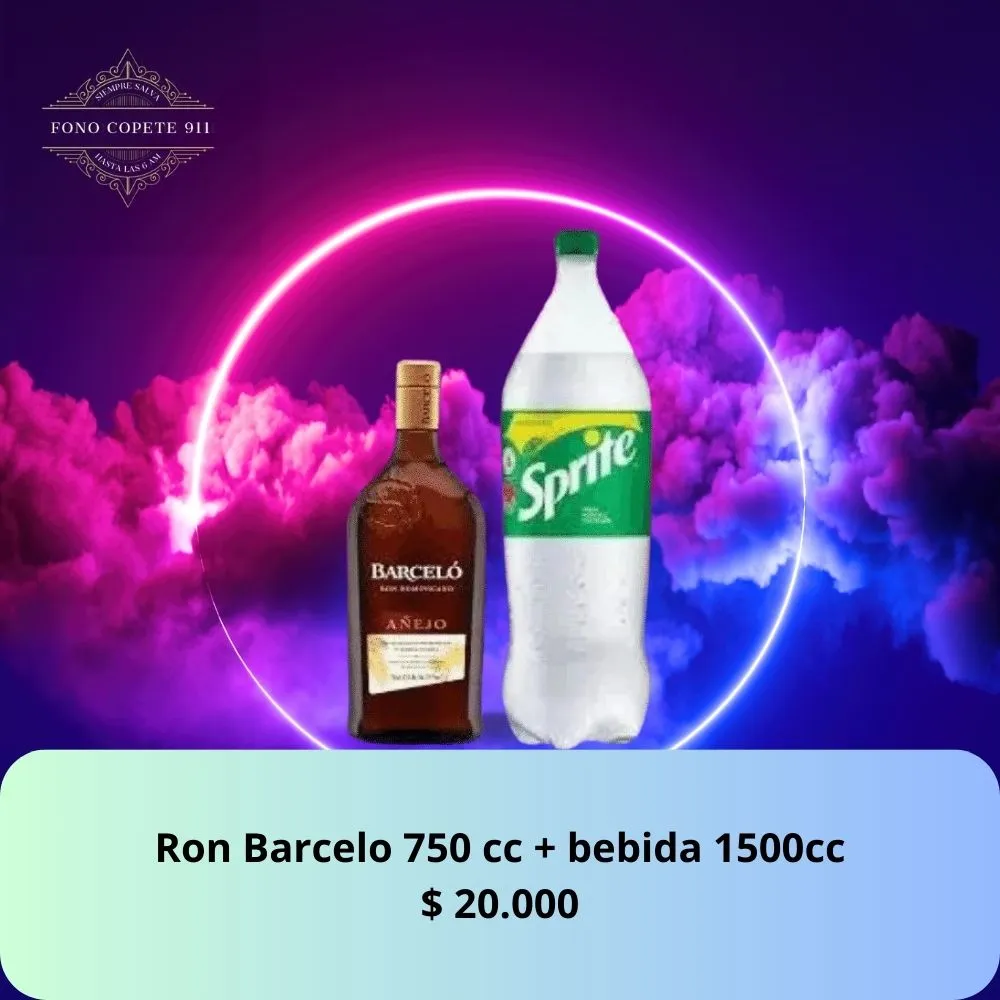 Botella de ron Barceló Añejo 750cc y bebida Sprite 1.5L promo delivery.