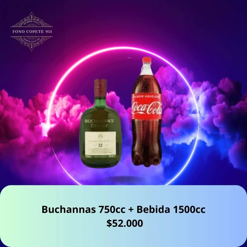Botella de whisky Buchanan's Deluxe 12 años 750cc y bebida Coca-Cola 1.5L promo delivery en Santiago.