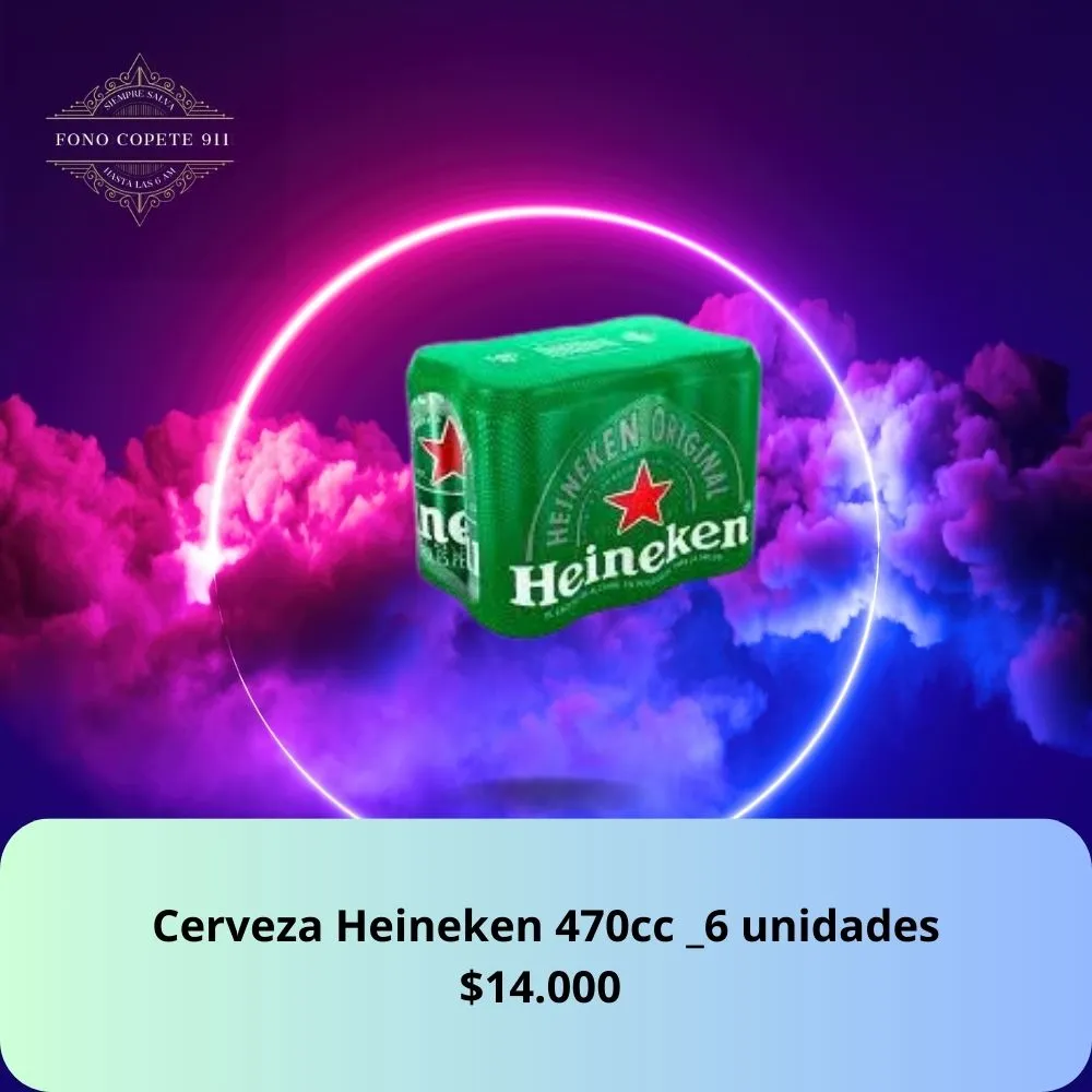 Six pack de cerveza Heineken Original lata 470cc a $14.000 con servicio de delivery nocturno.