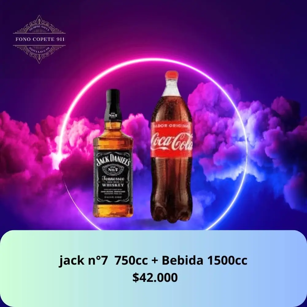 Botella de whisky Jack Daniel's Old No. 7 750cc y bebida Coca-Cola 1.5L promo delivery en Santiago.