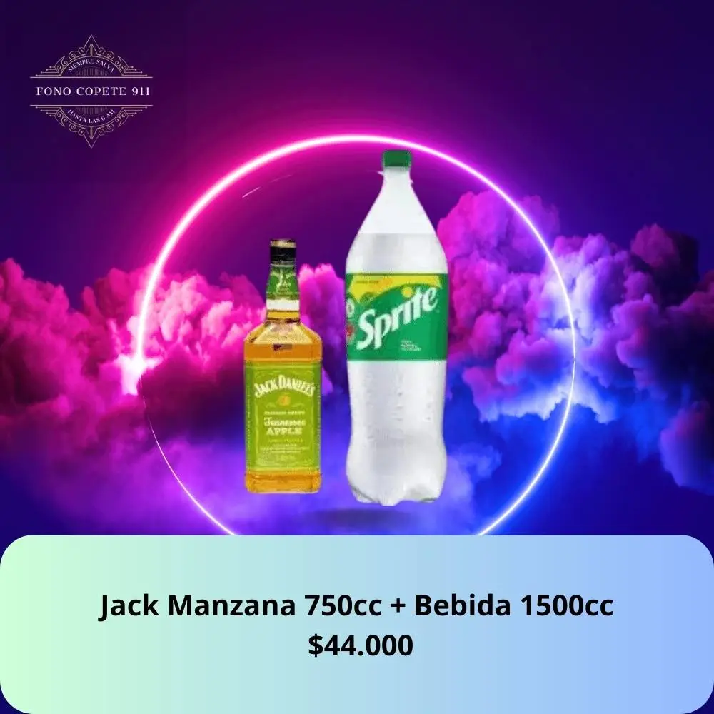 Botella de whisky Jack Daniel's Tennessee Apple 750cc y bebida Sprite 1.5L promo delivery en Santiago.