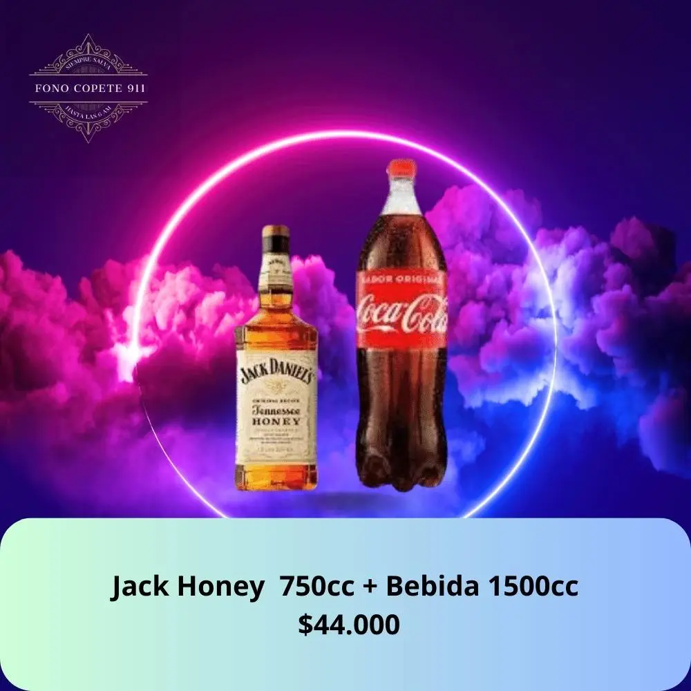 Botella de whisky Jack Daniel's Tennessee Honey 750cc y bebida Coca-Cola 1.5L promo delivery en Santiago.