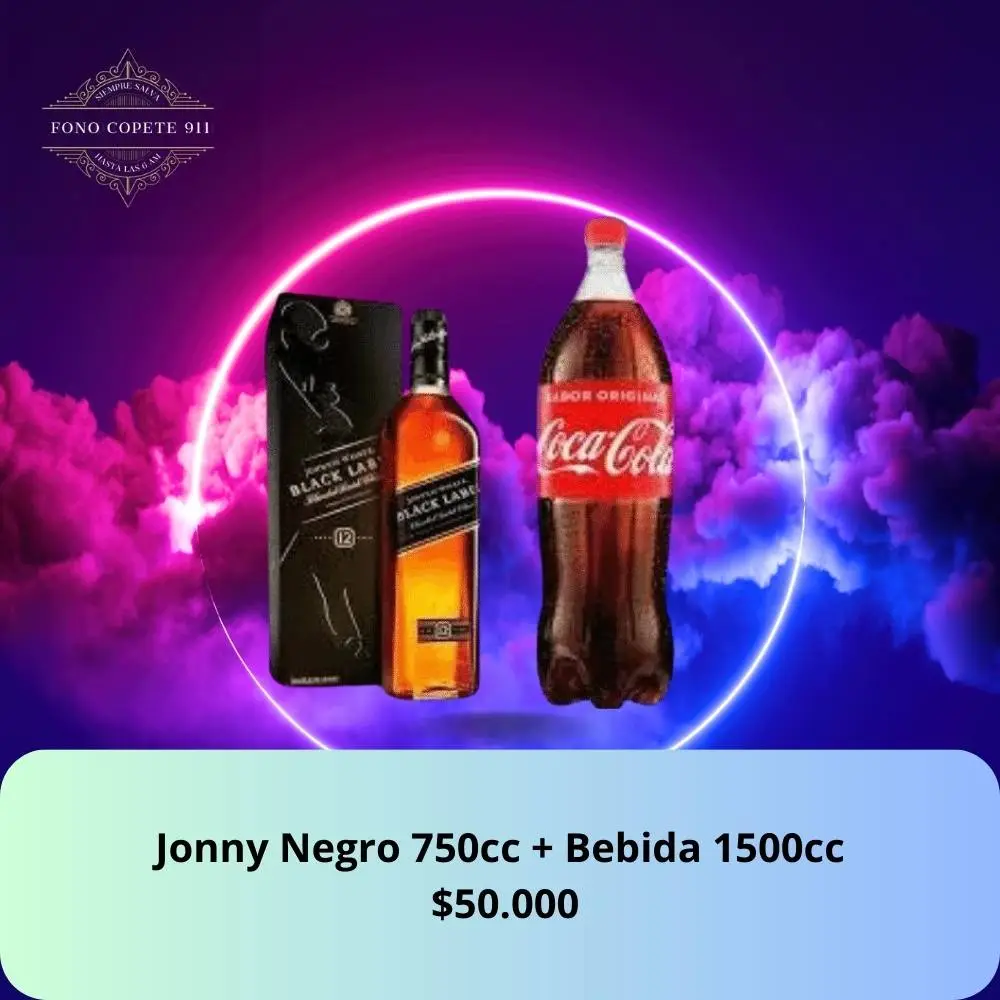 Botella de whisky Johnnie Walker Black Label 750cc y bebida Coca-Cola 1.5L promo delivery en Santiago.