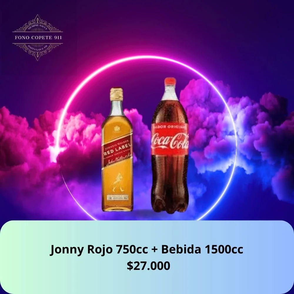 Botella de whisky Johnnie Walker Red Label 750cc y bebida Coca-Cola 1.5L promo delivery en Santiago.