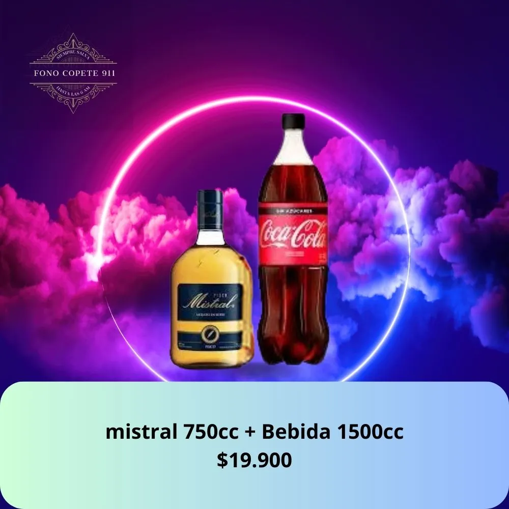 Botella de pisco Mistral 750cc y Coca-Cola 1.5L promo delivery en Santiago.