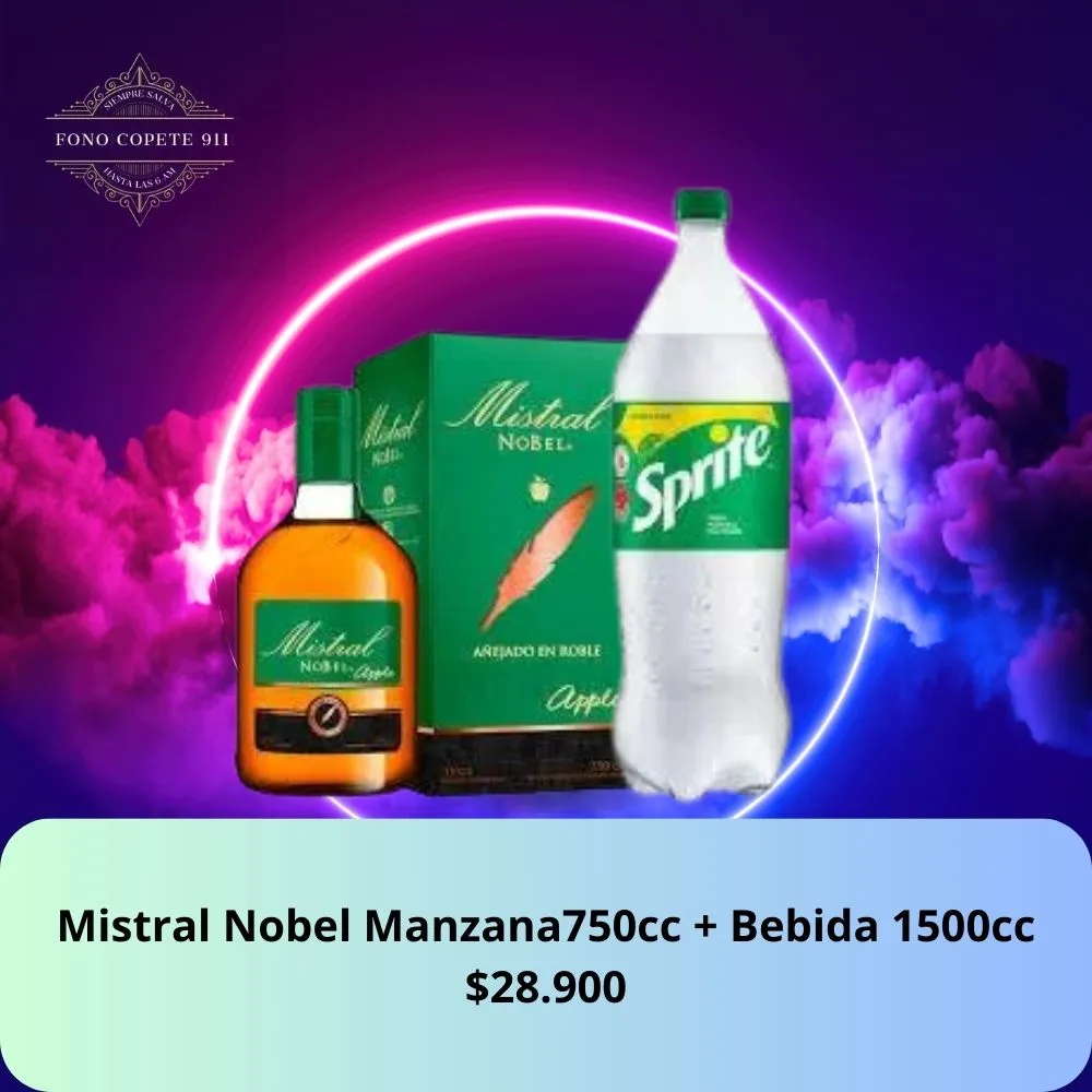 Botella de pisco Mistral Manzana 750cc y bebida Sprite 1.5L promo delivery en Santiago.