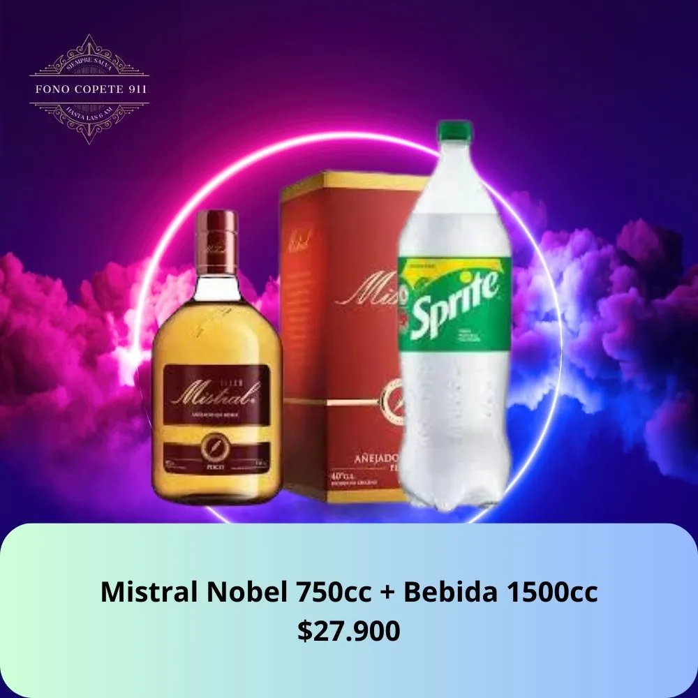Botella de pisco Mistral Nobel 750cc y bebida Sprite 1.5L promo delivery en Santiago.