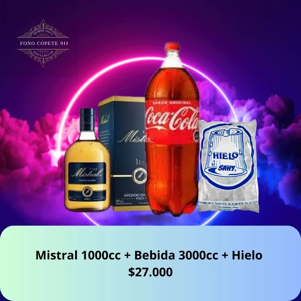Pack promo Pisco Mistral 1L, Coca-Cola 3L y hielo 1kg delivery a domicilio en Santiago.