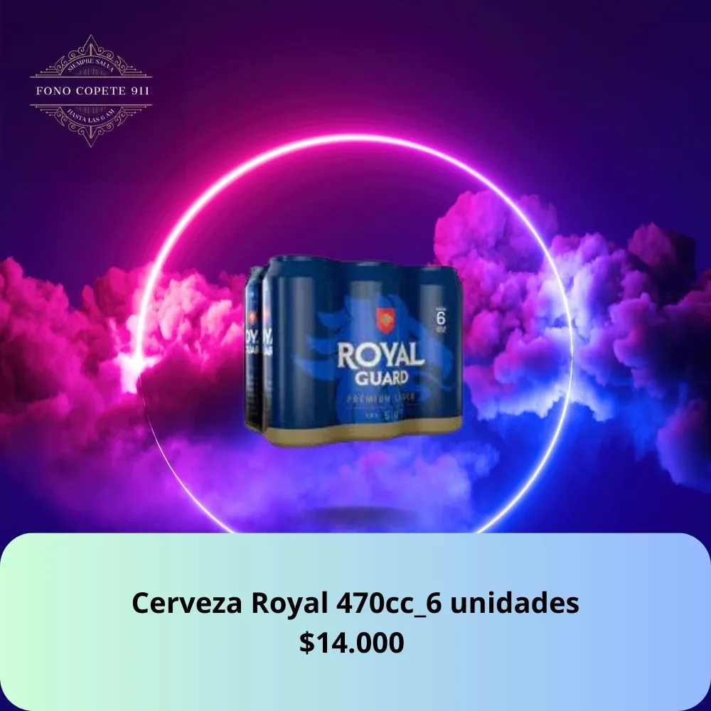 Six pack de cerveza Royal Guard Premium Lager lata 470cc con servicio de delivery nocturno en Santiago.