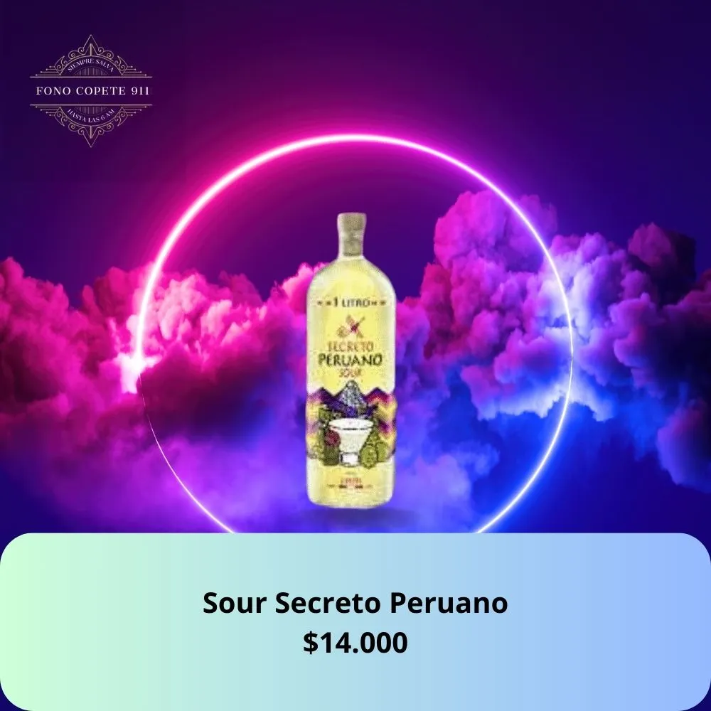 Botella de Pisco Sour Limón Secreto Peruano de 1 Litro con precio de $14.000 y servicio de delivery.