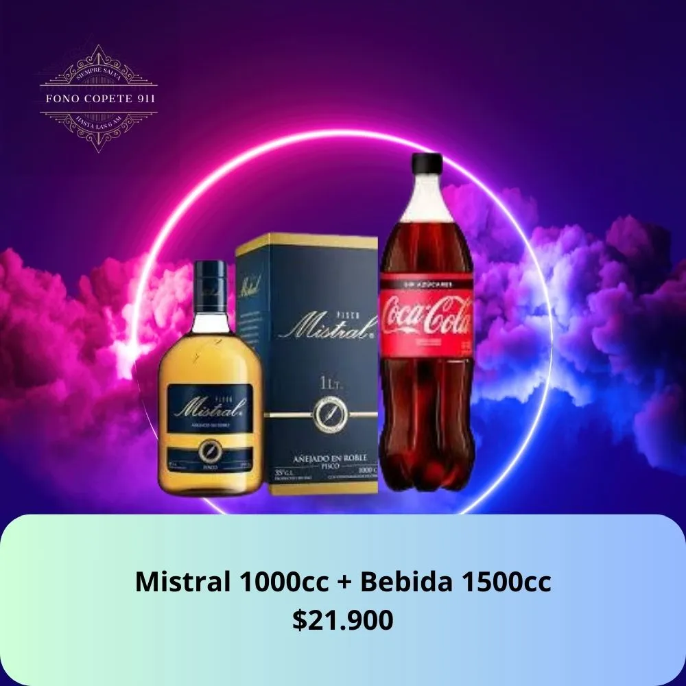 Botella de pisco Mistral Añejado en Roble 1000cc y Coca-Cola 1.5L promo delivery en Santiago.